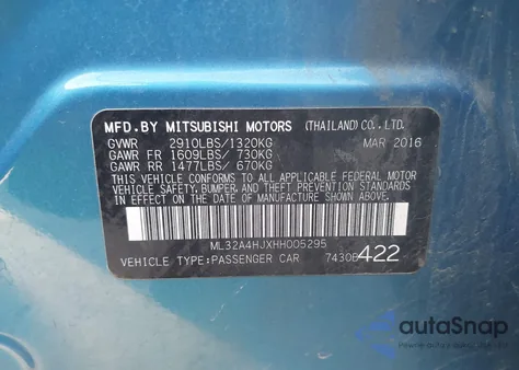2017 Mitsubishi Mirage Se from USA, damaged, VIN ML32A4HJXHH005295